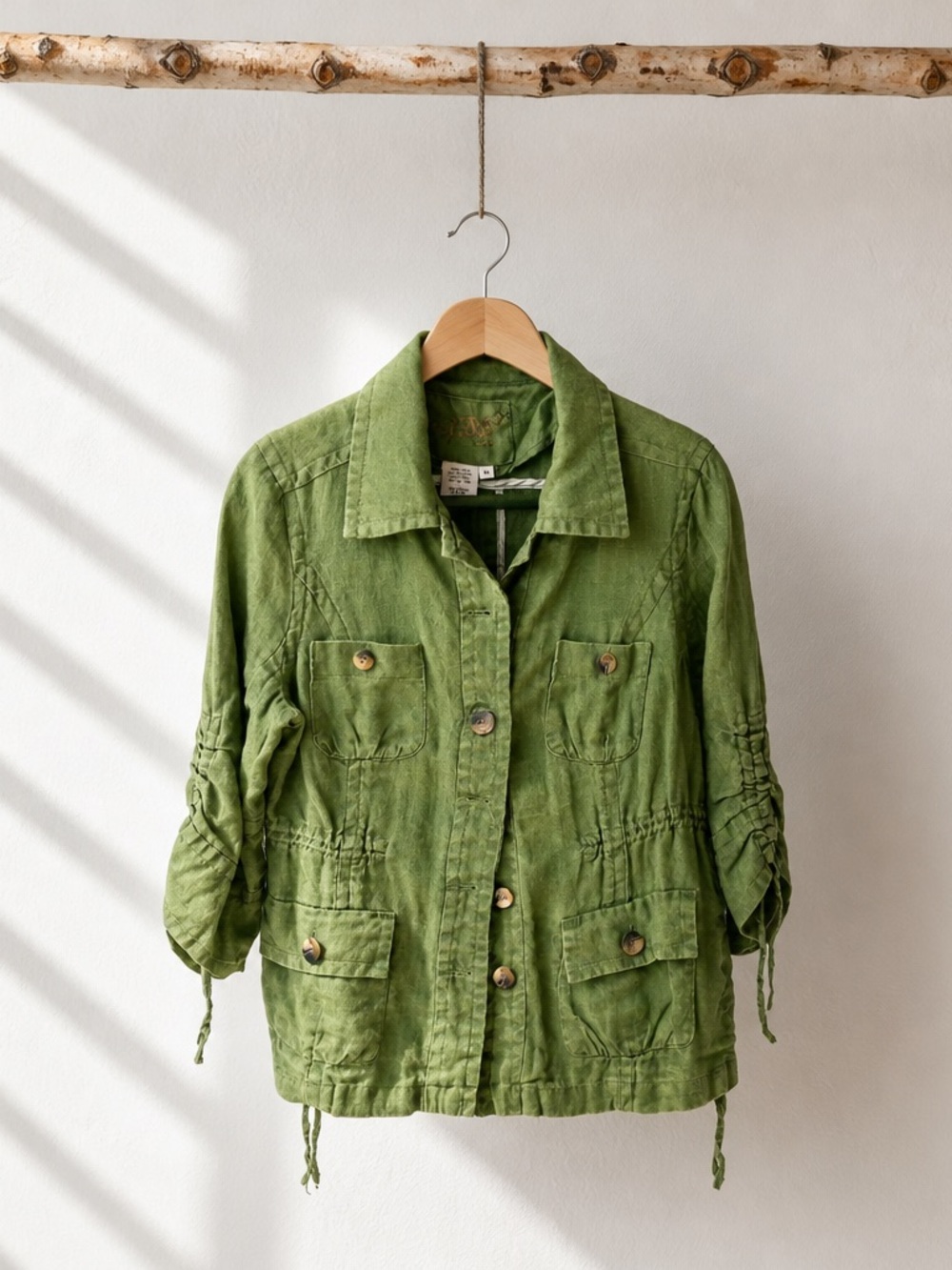 Live A Little Linen Jacket Women M Matcha Green Ruched Boho Utility Lagenlook